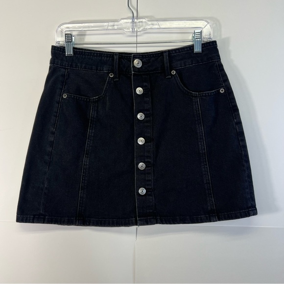 6 American Eagle Black Denim Mini Skirt Button Down Skirt Pockets Hi-Rise A-Line - Picture 2 of 15